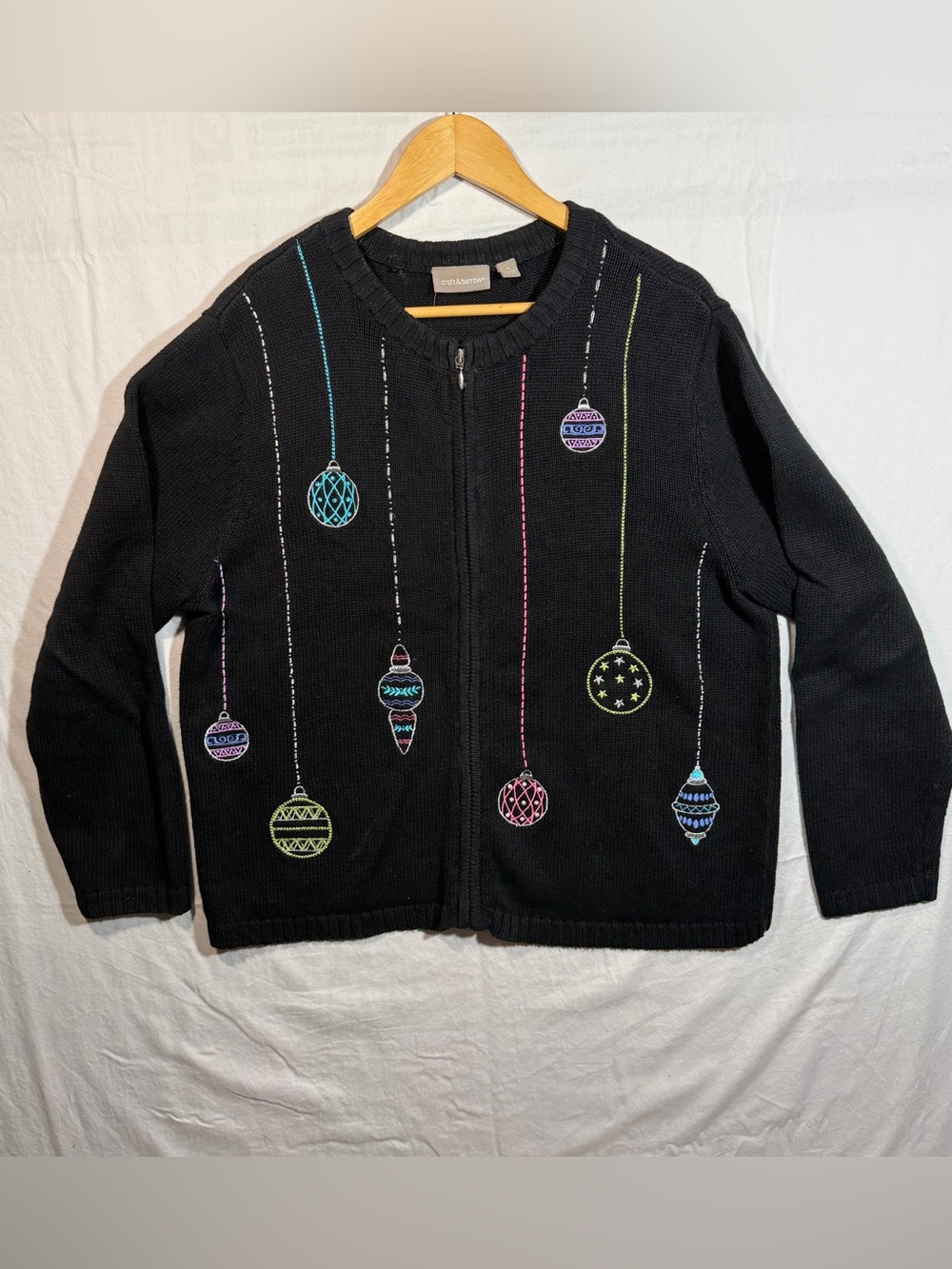 Croft & Barrow Sweater Women's Large Black Full Zip Long Sleeve Christmas Shirt